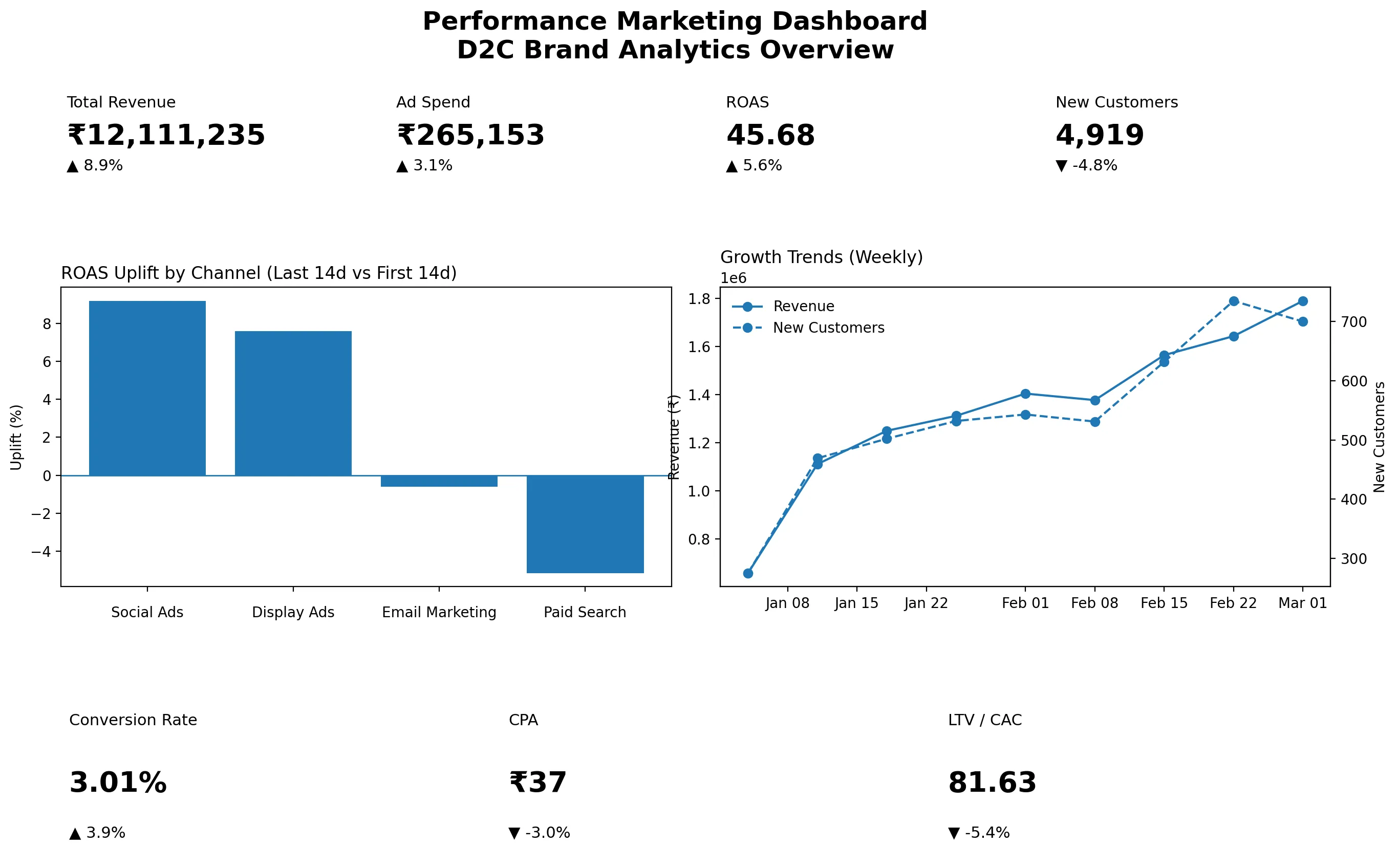 A professional analytics dashboard showing performance marketing metrics, bar charts for ROAS uplift, and Python-generated growth trends for a D2C brand.
